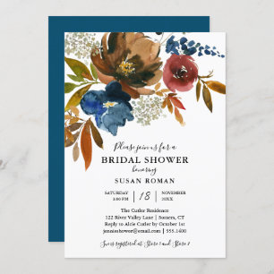 Navy and Rust Floral Bridal Shower White Invitation