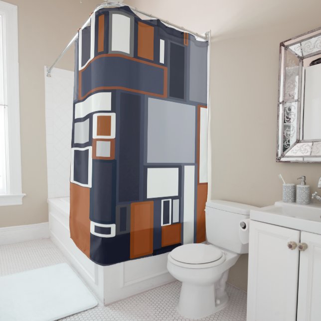 Navy and Rust Mid Century Modern Pattern Shower Curtain (In Situ)