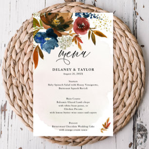Navy and Rust Watercolor Boho Floral Paper Menu