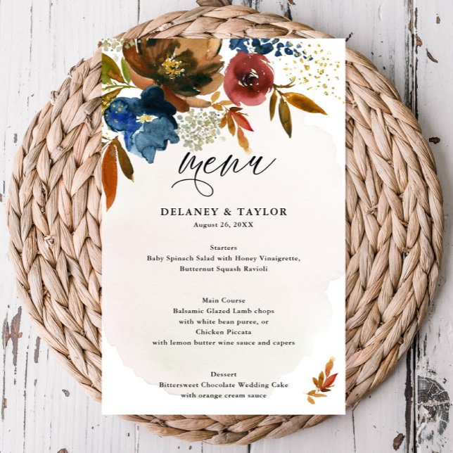 Navy and Rust Watercolor Boho Floral Paper Menu (Creator Uploaded)