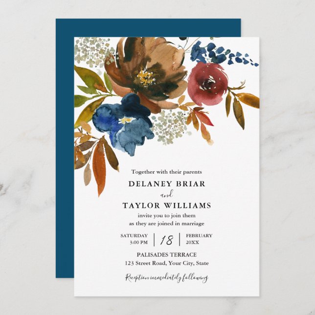 Navy and Rust Watercolor Flowers Wedding Invitation (Front/Back)