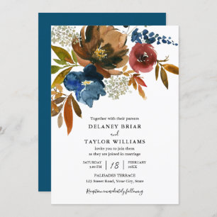 Navy and Rust Watercolor Flowers Wedding Invitation