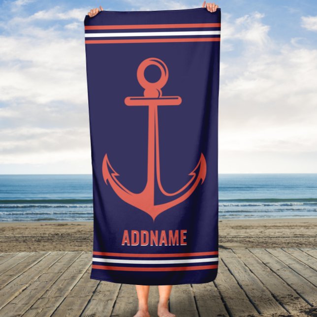 Navy and Rusty Orange Anchor Custom Name Beach Towel (Creator Uploaded)