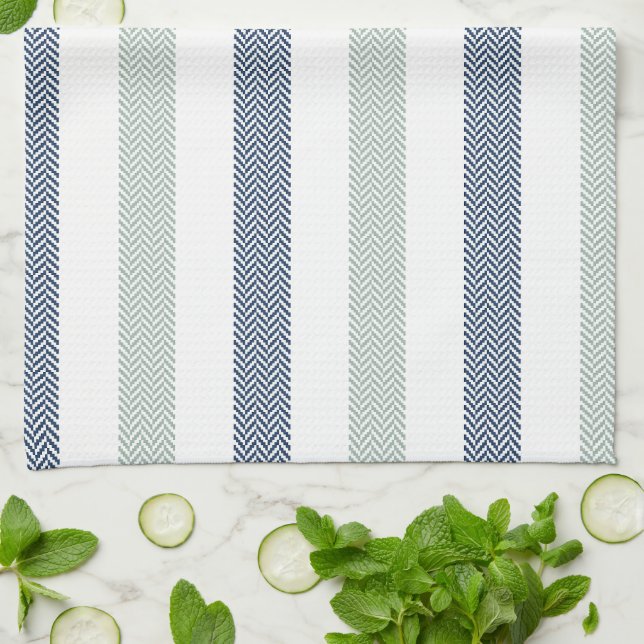 Navy and Sage Green Herringbone Tea Towel (Folded)