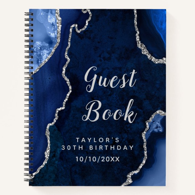 Navy and Silver Agate Birthday Guest Book (Front)