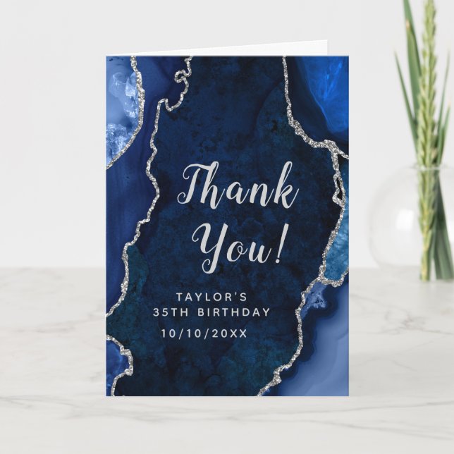 Navy and Silver Agate Birthday Thank You Card (Front)