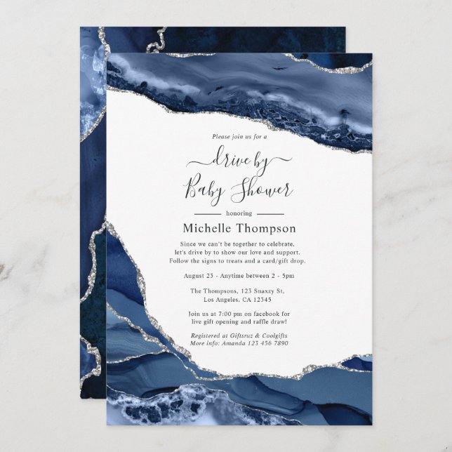 Navy and Silver Agate Drive By Shower Invitation (Front/Back)