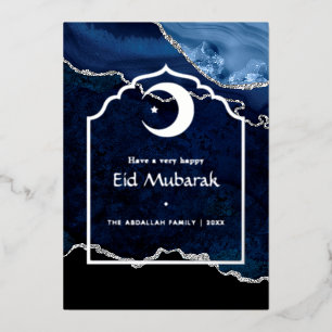 Navy and Silver Agate Eid Mubarak Foil Holiday Card