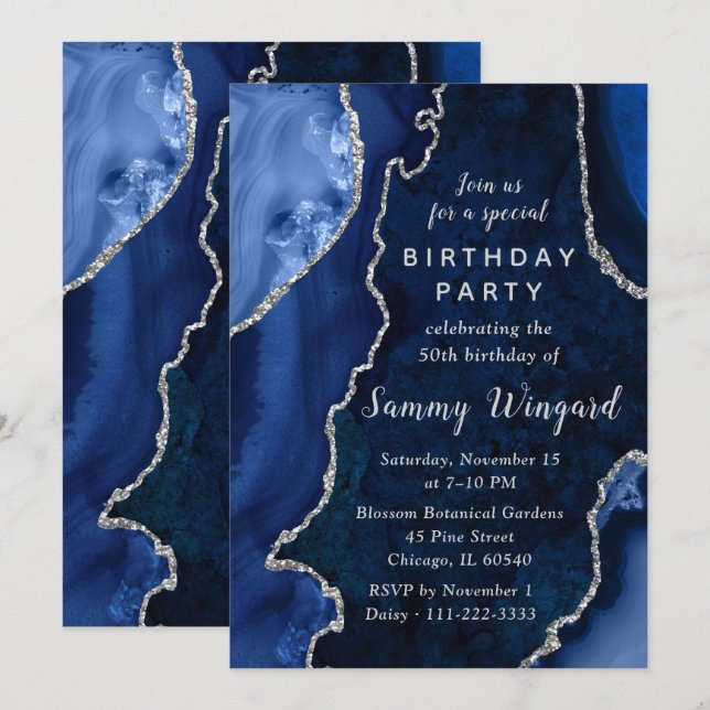 Navy and Silver Agate Marble 50th Birthday Party Invitation (Front/Back)