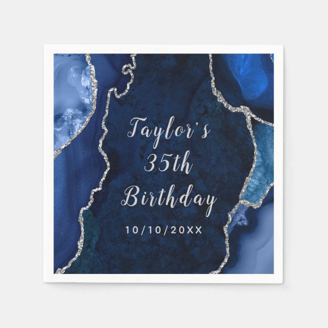 Navy and Silver Agate Marble Birthday Napkin (Front)