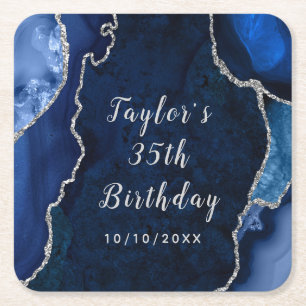 Navy and Silver Agate Marble Birthday Square Paper Coaster