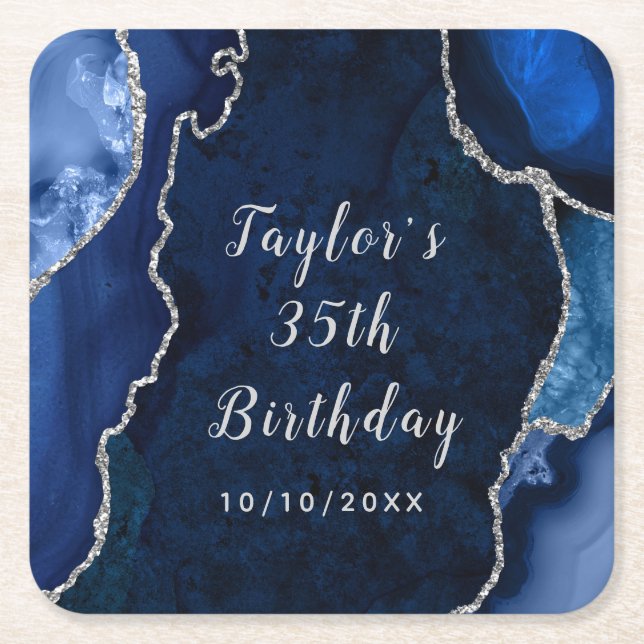 Navy and Silver Agate Marble Birthday Square Paper Coaster (Front)