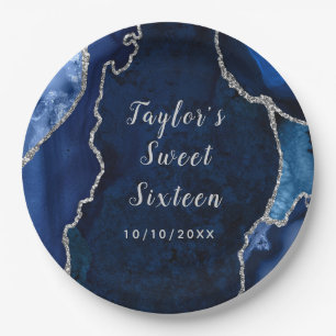 Navy and Silver Agate Marble Sweet Sixteen Paper Plate