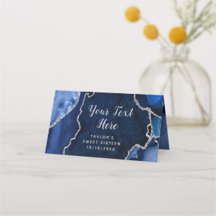Navy and Silver Agate Marble Sweet Sixteen Place Card