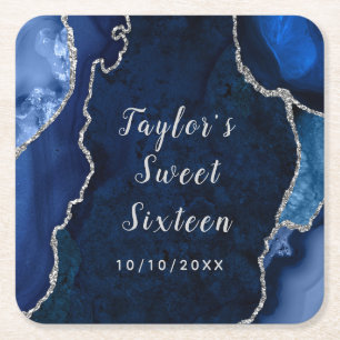 Navy and Silver Agate Marble Sweet Sixteen Square Paper Coaster