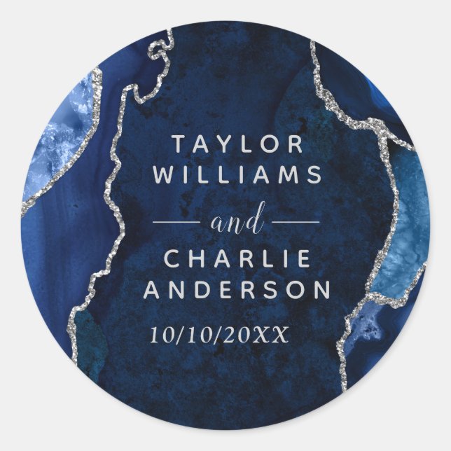 Navy and Silver Agate Marble Wedding Classic Round Sticker (Front)