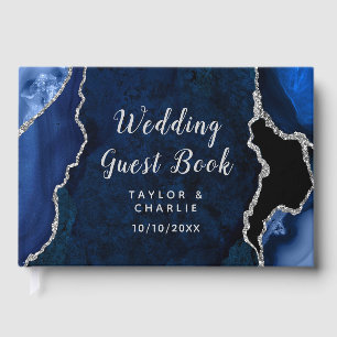 Navy and Silver Agate Marble Wedding Guest Book