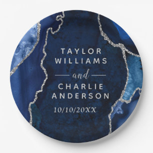 Navy and Silver Agate Marble Wedding Paper Plate