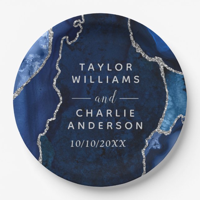 Navy and Silver Agate Marble Wedding Paper Plate (Front)