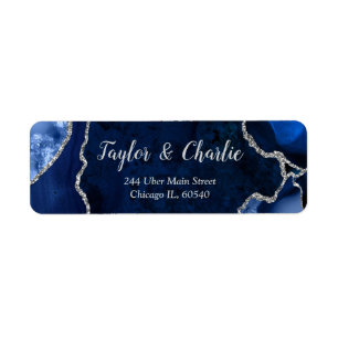 Navy and Silver Agate Marble Wedding Return Address Label