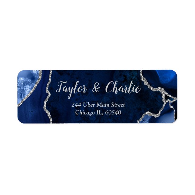 Navy and Silver Agate Marble Wedding Return Address Label (Front)