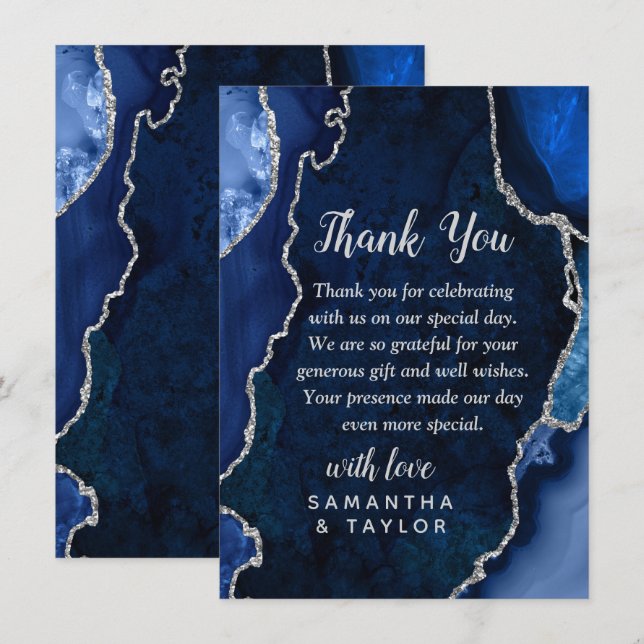 Navy and Silver Agate Marble Wedding Thank You Card (Front/Back)