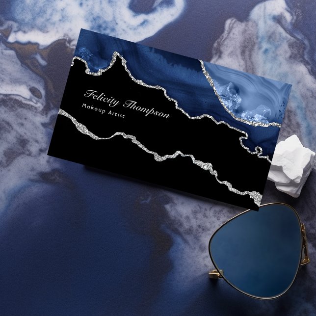 Navy and Silver Agate Precious Stone QR Code Business Card (Creator Uploaded)
