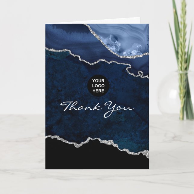 Navy and Silver Agate Precious Stone Thank You Card (Front)