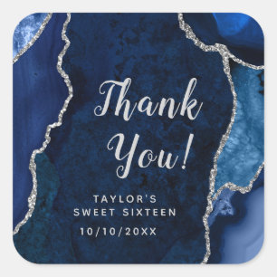 Navy and Silver Agate Sweet Sixteen Thank You Square Sticker