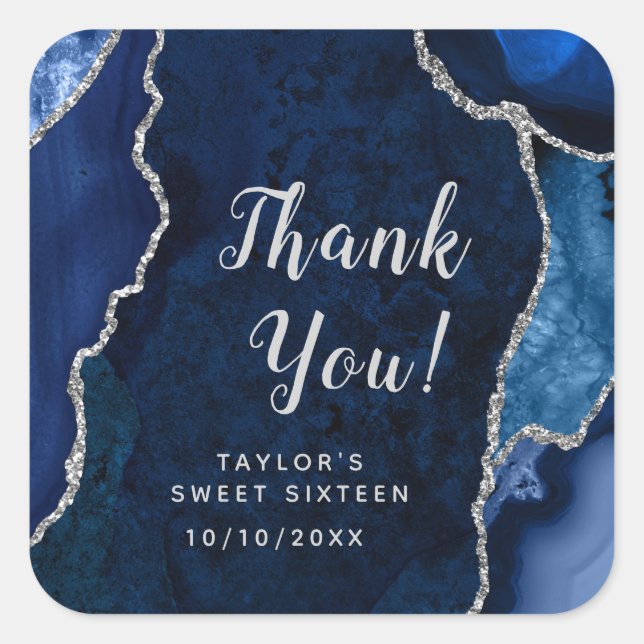 Navy and Silver Agate Sweet Sixteen Thank You Square Sticker (Front)