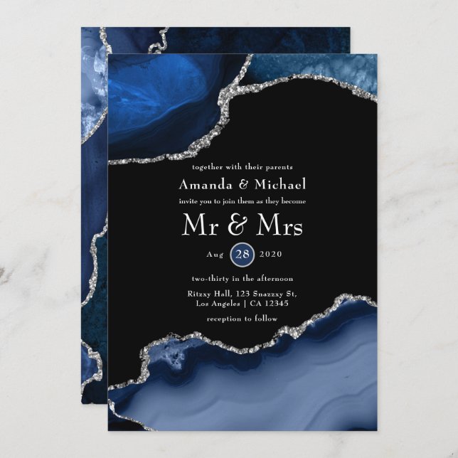 Navy and Silver Agate Wedding Invitation (Front/Back)