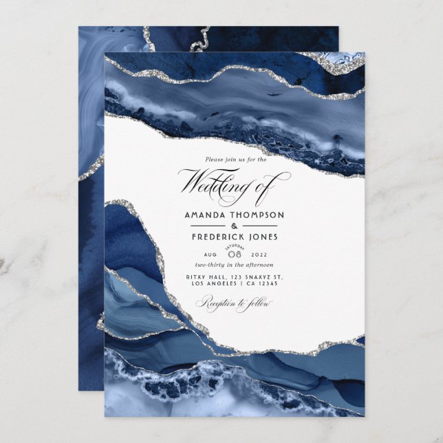 Navy and Silver Agate Wedding Photo Invitation (Front/Back)