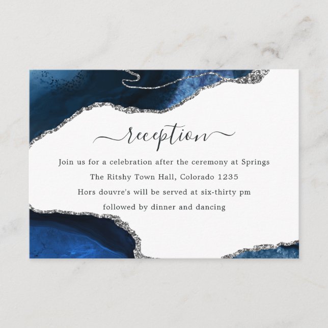 Navy and Silver Agate Wedding Reception Enclosure Card (Front)