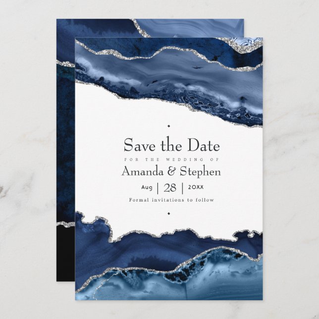 Navy and Silver Agate Wedding Save The Date (Front/Back)