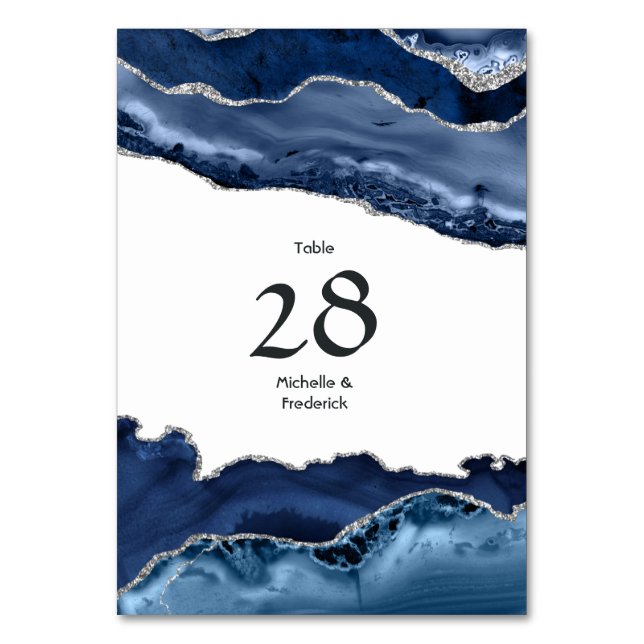 Navy and Silver Agate Wedding Table Number (Front)