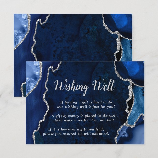 Navy and Silver Agate Wedding Wishing Well Enclosure Card (Front/Back)