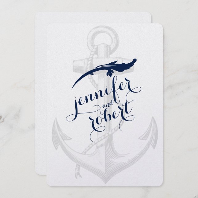 Navy and Silver Anchor Beach Wedding Invitation (Front/Back)