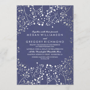 Navy and Silver Baby's Breath Simple Wedding Invitation