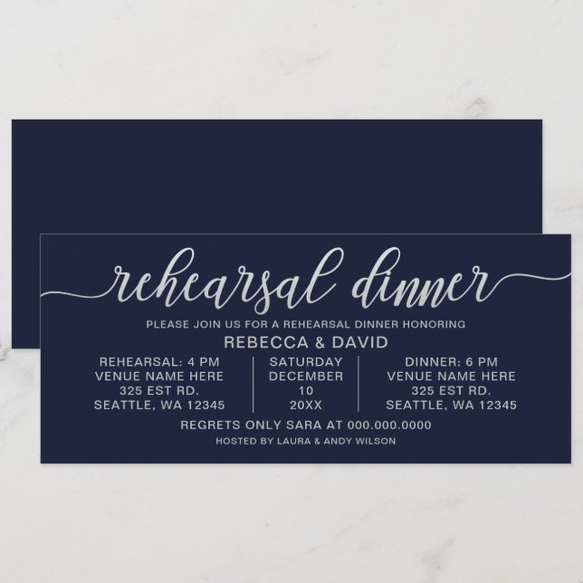 Navy and Silver Calligraphy Rehearsal Dinner Invitation (Front/Back)