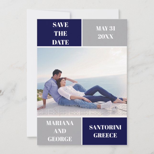 Navy and silver colour block wedding Save the Date (Front)