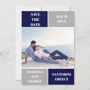 Navy and silver colour block wedding Save the Date