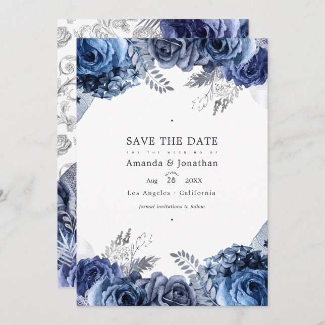 Navy and Silver Faux Foil Floral Wedding Photo Save The Date (Front/Back)