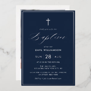 navy and silver first communion foil invitation
