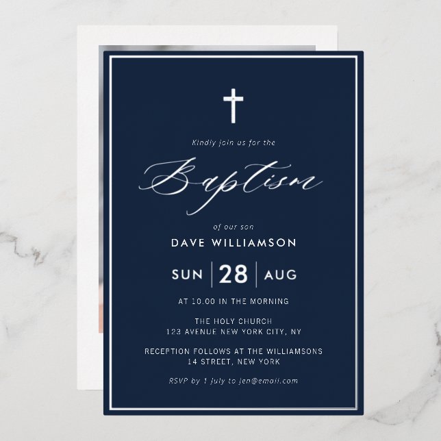 navy and silver first communion foil invitation (Front/Back)