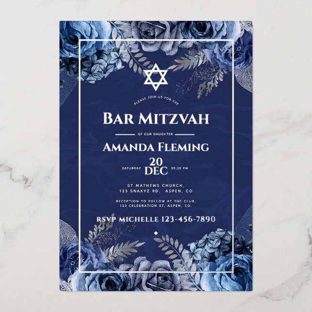 Navy and Silver Floral Bat Mitzvah Foil Invitation (Front)