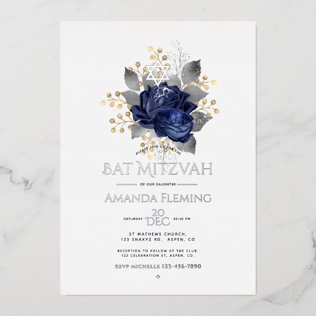 Navy and Silver Floral Bat Mitzvah Photo (Front)