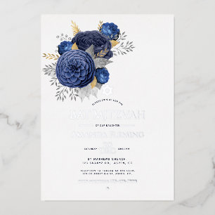 Navy and Silver Floral Bat Mitzvah Photo Foil Invi