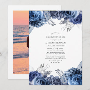 Navy and Silver Floral Celebration of Life Invitat Invitation
