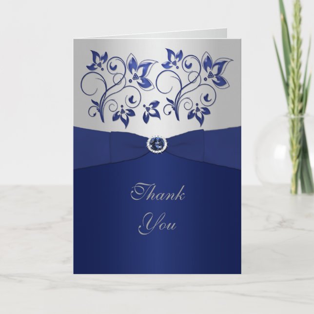Navy and Silver Floral Thank You Card (Front)