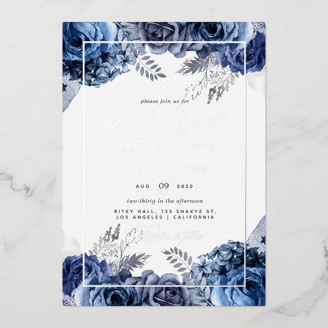 Navy and Silver Floral Wedding Foil Invitation (Front)